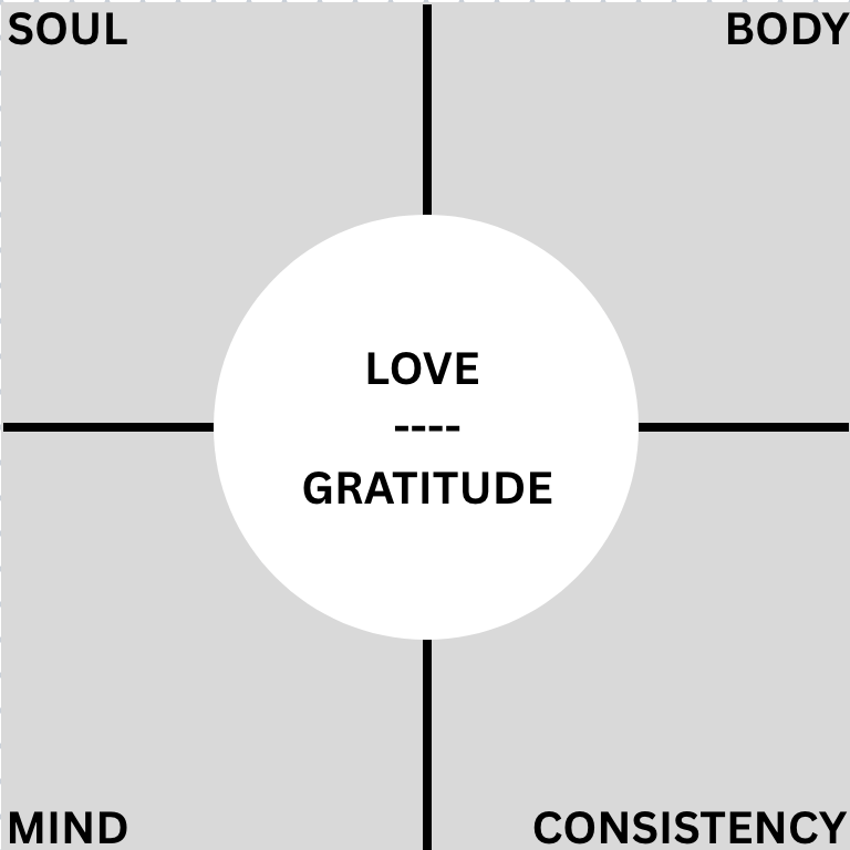 Cornerstones of wellness. One large square divided into four smaller squares with a circle in the middle